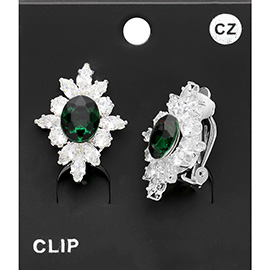 CZ Oval Stone Pointed Marquise Round Stone Trimmed Clip On Earrings