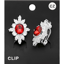 CZ Oval Stone Pointed Marquise Round Stone Trimmed Clip On Earrings