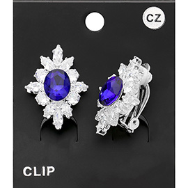 CZ Oval Stone Pointed Marquise Round Stone Trimmed Clip On Earrings