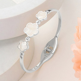 Stainless Steel Triple Mother of Pearl Quatrefoil Stone Bezel Pointed Hinged Bangel Bracelet