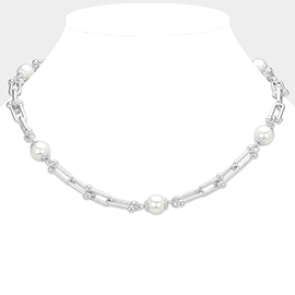 Pearl Pointed Hardware Link Chain Necklace