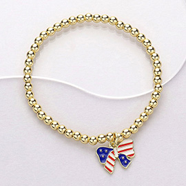 Stainless Steel Enamel American USA Flag Bow Charm Pointed Stretch Bracelet