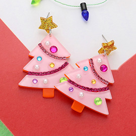 Stone Pointed Glittered Resin Christmas Tree Dangle Earrings