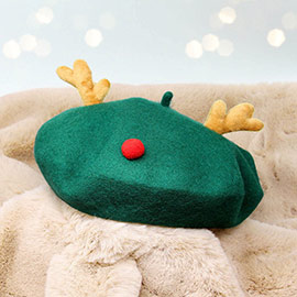 Wool Blended Christmas Rudolph Pointed Beret Hat