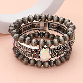 3PCS - Rectangle Glass Stone Pointed Western Metal Wood Ball Beaded Multi Layered Bracelets 