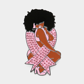 Pink Ribbon Accented Enamel Metal Afro Girl Pin Brooch