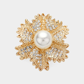 Pearl Pointed Stone Paved Flower Pin Brooch