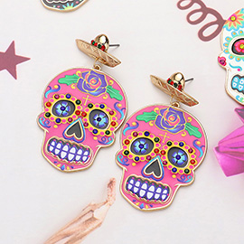 Stone Pointed Enamel Sugar Skull Dangle Earrings