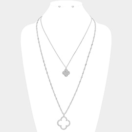 Stone Paved Double Quatrefoil Pendant Layered Necklace