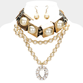 Leopard Pattern Pearl Cube Oval Glass Stone Pointed Pearl Cluster Layered Statement Necklace