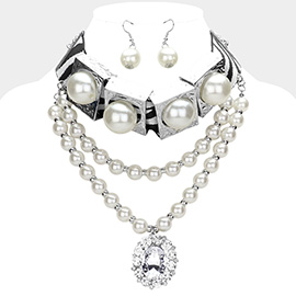 Zebra Pattern Pearl Cube Oval Glass Stone Pointed Pearl Cluster Layered Statement Necklace