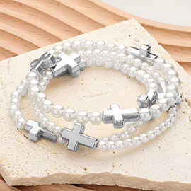 3PCS - Metal Cross Pointed Pearl Beaded Stretch Multi Layered Bracelets