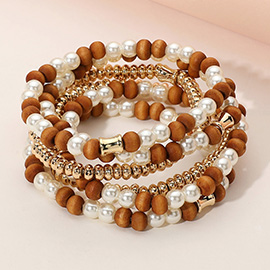 6PCS - Pearl Wood Ball Beaded Stretch Multi Layered Bracelets