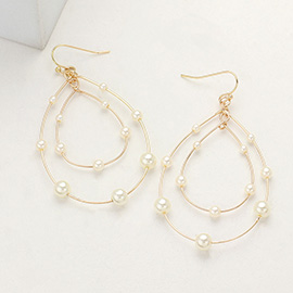 Pearl Station Beaded Double Teardrop Dangle Earrings