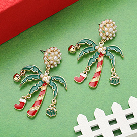 Pearl Pointed Enamel Christmas Palm Tree Dangle Earrings