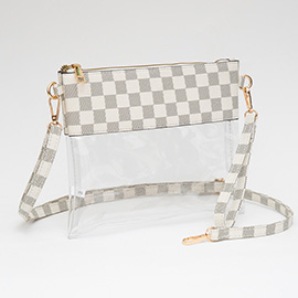 Faux Leather Checkered Printed Pointed Transparent Flap Crossbody Bag / Clutch