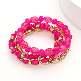 4PCS - Oval Wood Metal Faceted Beaded Stretch Multi Layered Bracelets