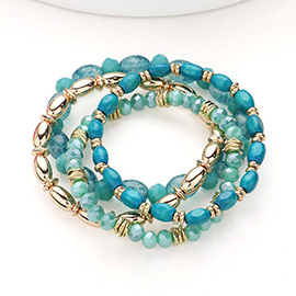 4PCS - Oval Wood Metal Faceted Beaded Stretch Multi Layered Bracelets