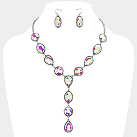 Teardrop Round Faceted Stone Cluster Link Y Shaped Necklace