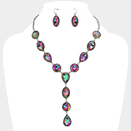 Teardrop Round Faceted Stone Cluster Link Y Shaped Necklace