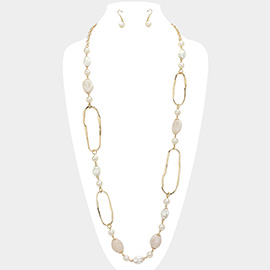 Abstract Open Metal Oval Pearl Link Beaded Long Necklace