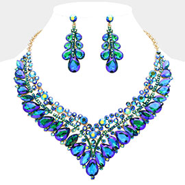 Teardrop Marquise Round Stone Embellished V Shaped Evening Necklace