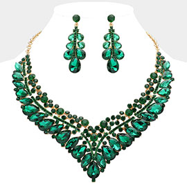 Teardrop Marquise Round Stone Embellished V Shaped Evening Necklace