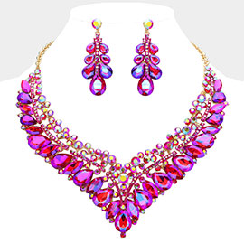 Teardrop Marquise Round Stone Embellished V Shaped Evening Necklace