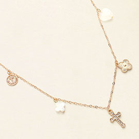 Stone Paved Cross Heart Quatrefoil Anchor Charm Station Necklace