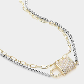 14K Gold Plated CZ Stone Paved Lock Pendant Layered Necklace