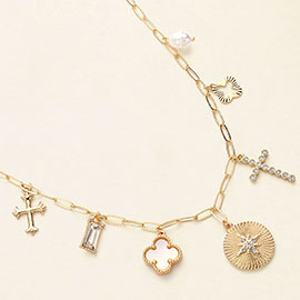 Cross Quatrefoil Pearl Baguette Stone Charm Station Necklace