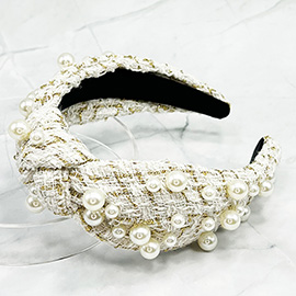 Pearl Embellished Tweed Knot Headband