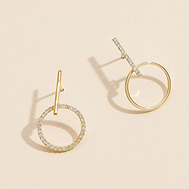 Semi Fine Collection - 18K Gold Dipped CZ Stone Paved Bar Circle Dangle Earrings