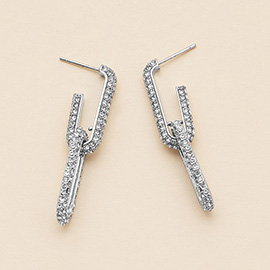 Semi Fine Collection - 18K White Gold Dipped CZ Stone Paved Paperclip Linked Dangle Earrings