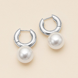 Semi Fine collection - 18K White Gold Dipped Pearl Charm Chunky Huggie Hoop Earrings