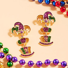 Glittered Enamel Mardi Gras Jester Hat Link Dropdown Dangle Earrings