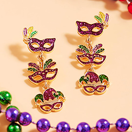 Glittered Enamel Mardi Gras Mask Link Dropdown Dangle Earrings