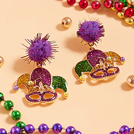 Glittered Enamel Mardi Gras Jester Dangle Pom Earrings