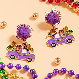 Glittered Enamel Mardi Gras Truck Dangle Pom Earrings