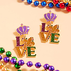 Glittered Enamel Mardi Gras LOVE Message Dangle Earrings