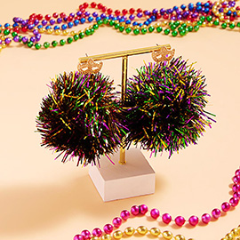 Oversized Mardi Gras Tinsel Pom Pom Dangle Earrings