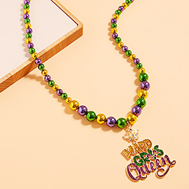 Glittered Enamel Mardi Gras Queen Message Pendant Pointed Beaded Necklace