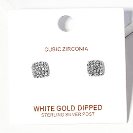 White Gold Dipped CZ Stone Paved Square Stud Earrings