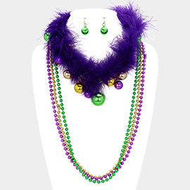 Mardi Gras Feather Ball Beaded Layered Necklace