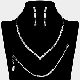 Square Stone Cluster Pointed Rhinestone Paved Necklace Jewelry Set