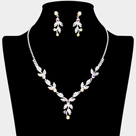 Round Stone Accented Rhinestone Paved Marquise Vine Necklace