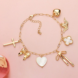 Mother Of Pearl Heart Quatrefoil Metal Cross Bow Angel Charm Station Paperclip Chain Bracelet