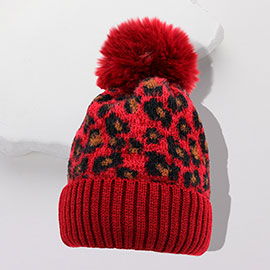 Leopard Pattern Pom Pom Beanie Hat