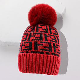 Greek Geometric Patterned Pom Pom Beanie Hat