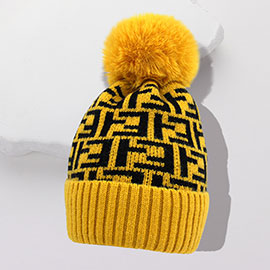 Greek Geometric Patterned Pom Pom Beanie Hat